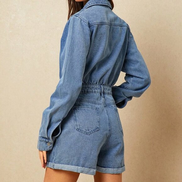 Light Wash Casual Women's Long Sleeve Denim Jumpsuit - Picture 7 of 7